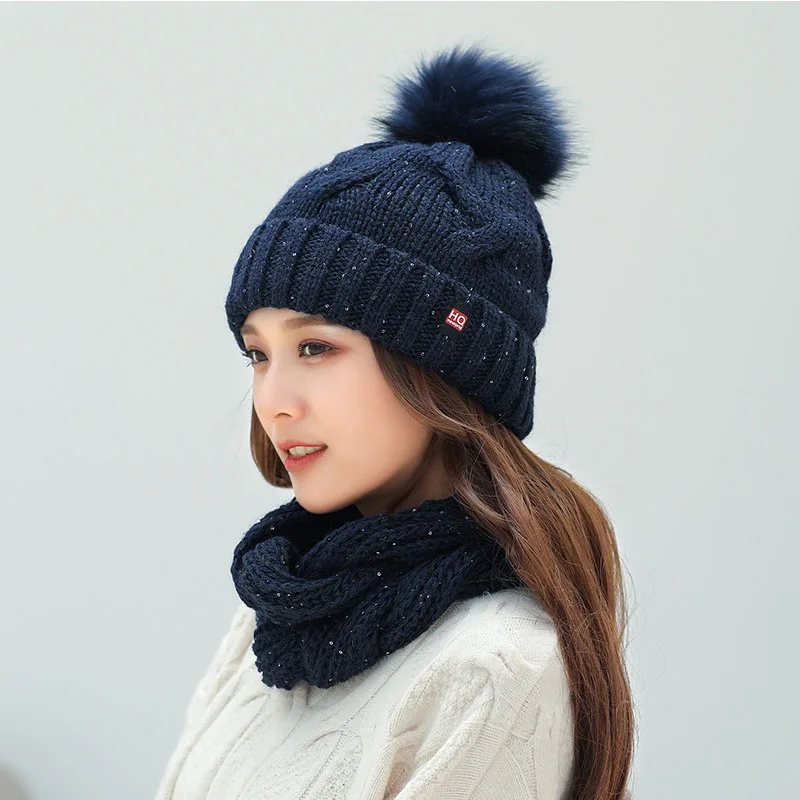 Вязаная зимняя шапка и шарф набор Женская Толстая теплая шапка бини шарф женский для девочек Pom Beain шапки сплошной цвет - Цвет: navy