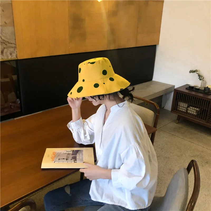 Sun Hat Women Summer Foldable Bucket Hat Harajuku Large Brim Dot Printed Beach Sun Hat Japanese Style Yellow Black Khaki Beige   (22)