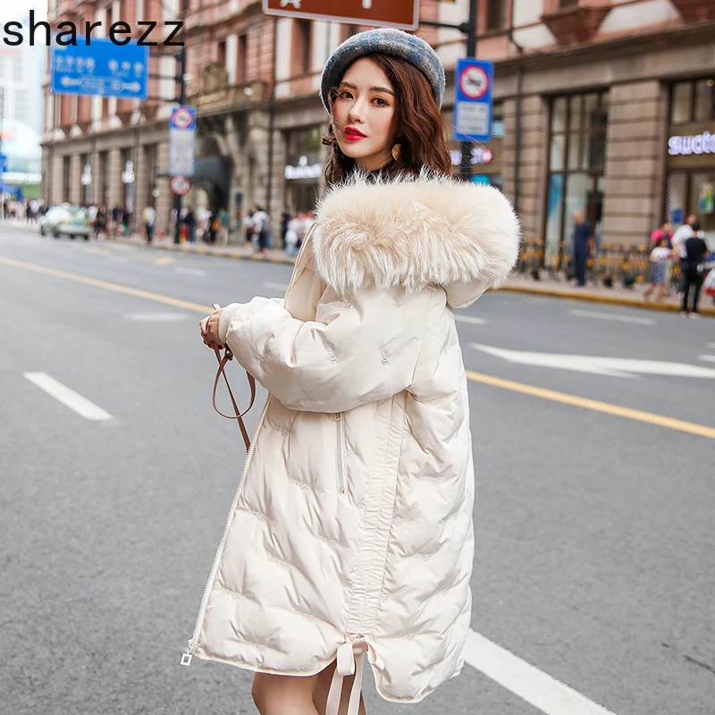 Goede 2019 Nieuwe Winter Vrouwen Grote Bontkraag Oversize Lange Jas Vrouwelijke Dikke Warme Hooded White Duck Down Jacket Parka
