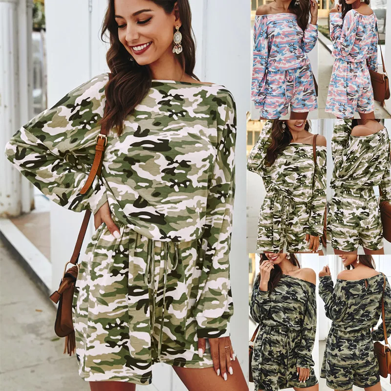 

2020 Women Camouflage Long Sleeve Jumpsuit Spring Casual High Waist Jumpsuit Bodysuit Romper Shorts Pants Overalls Shorts