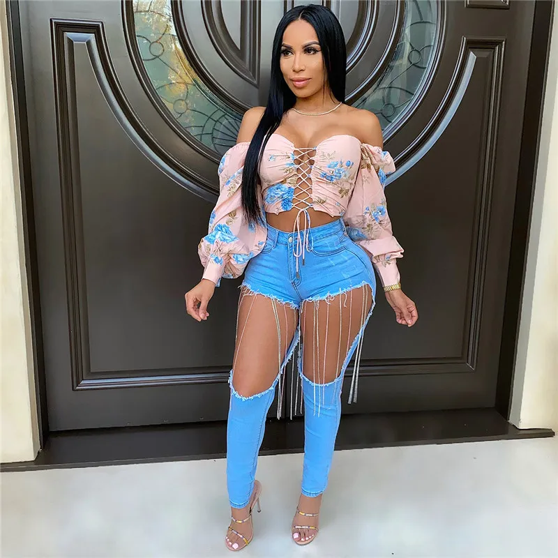 

CHRONSTYLE Women Shirts Blouses Bandage Shirt Front Hollow Out Floral Print Off-shoulder Lantern Long Sleeve Blouse Crop Tops