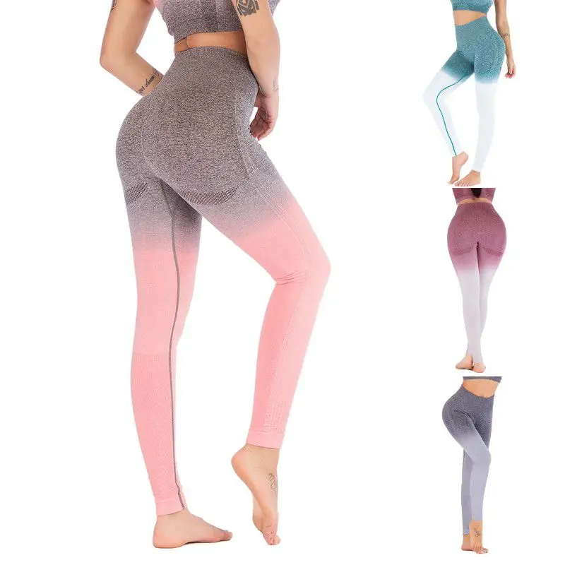 Yoga Pants Gradient Color High Waist Seamless Tight Fitness Trousers Hip Exercise Nine Pants