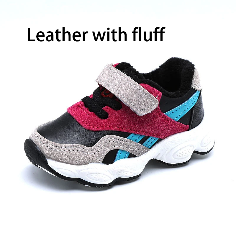 leather with fluff Новинка; сезон осень-зима; повседневная спортивная обувь; Детские кроссовки; обувь для мальчиков; обувь для бега; детская обувь для девочек; дышащая модная спортивная обувь - Цвет: leather with fluff