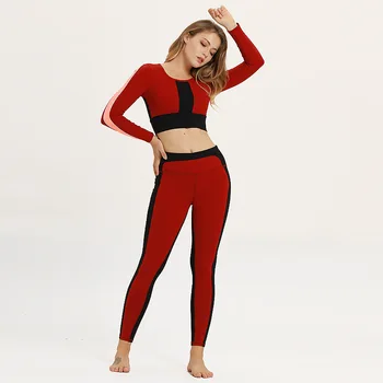 

Splicing body-building leisure long-sleeved fitness set lady set moisture absorption and sweating exercise set