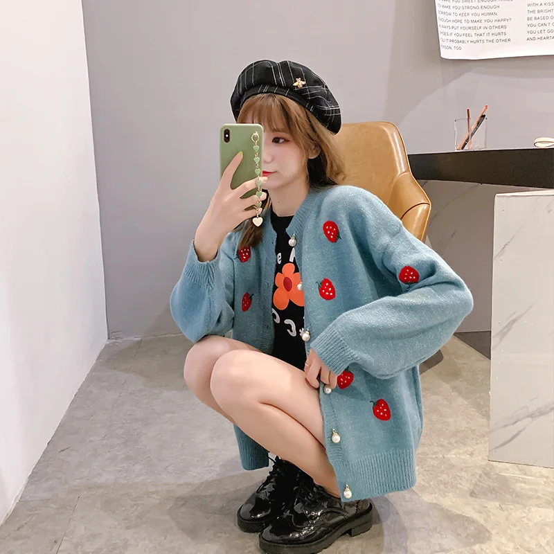 

Preppy Style Embroidered Strawberry Sweater Woman Cardigan Coat 2019 Single-breasted Pearl Knitted Cardigan Women Top