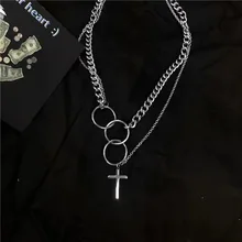 Панк крутая хип-хоп двухслойная серебряная круглая круговая цепь звено крест кулон ожерелье для женщин мужчин унисекс вечерние ювелирные изделия