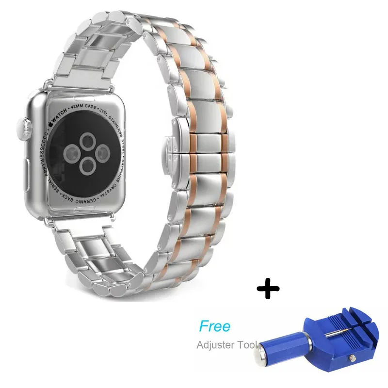 Silver and Rose Gold Ремешок для Apple Watch Band 42 мм 38 мм 44 мм 40 мм двойная кнопка Бабочка Пряжка браслет из нержавеющей стали для iWatch серии 1 2 3 4 - Цвет ремешка: Silver and Rose Gold