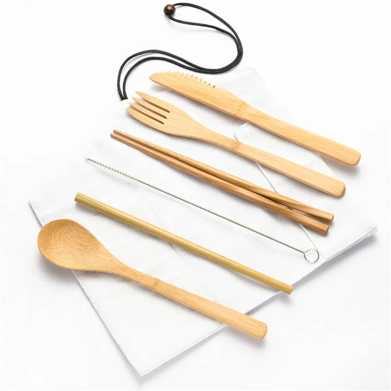 

7/8/10pcs/set Bamboo Travel Cutlery Set Wooden Spoon Fork Knife Set with Cleaning Brush Tableware Cutlery Set Zero Waste