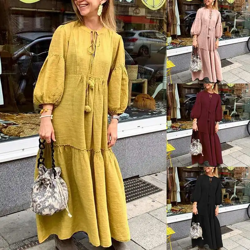 Elegant Puff Sleeve Maxi Dress Women's Autumn Sundress ZANZEA Casual Ruffle Long Vestidos Female Solid Party Robe Femme 5XL