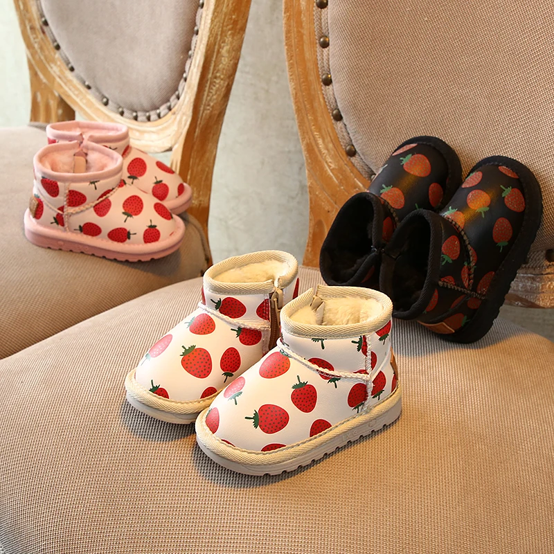 

Kids Snow Boots Winter Plush Warm Strawberry Print Girls Ankle Boots Infant Baby Girl Boots First Walkers Toddler Shoes SX324