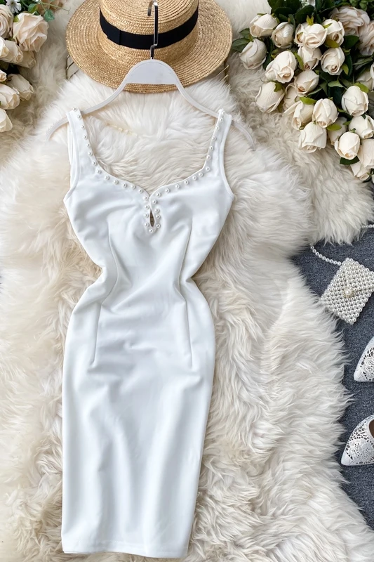 Элегантное белое платье для женщин с жемчугом лето 2020 v образный вырез