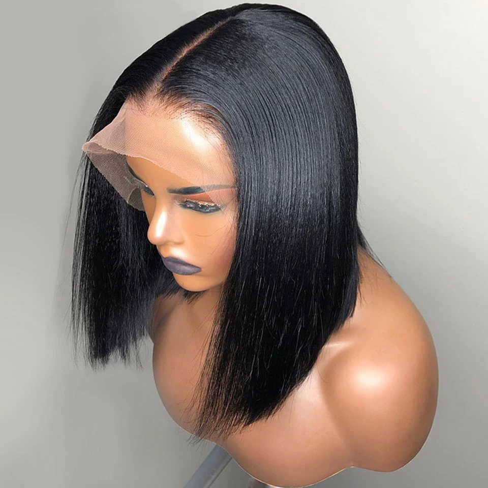 Sassoon Bob 13*4 Короткие прямые парики из натуральных волос на кружеве для женщин, черные бразильские волосы Remy, предварительно сорванные