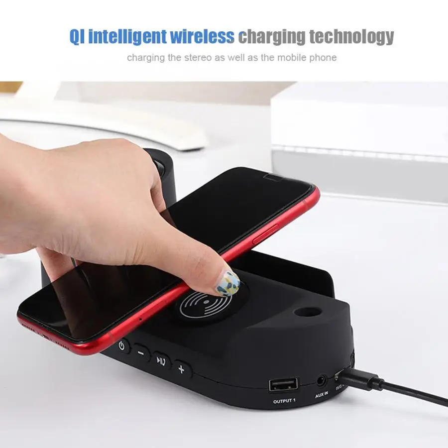 QI Беспроводное быстрое зарядное устройство Bluetooth/проводной Hi-Fi динамик стерео телефон внешний аккумулятор с держателем с амортизирующая прокладка для домашнего офиса