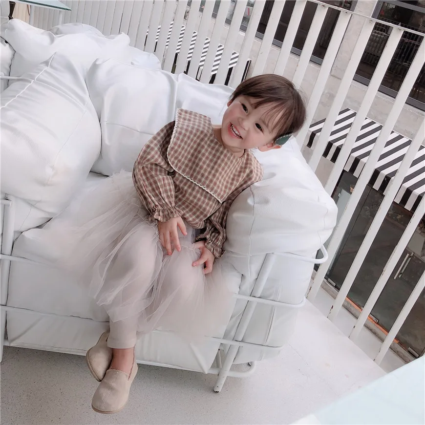 Xdp2019 Осенняя новая стильная клетчатая рубашка в Корейском стиле с воротником «Питер Пэн» для девочек Рубашка для младенцев