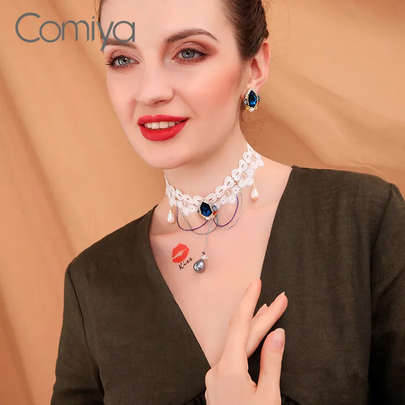 Comiya Модные Винтажные амулеты из цинкового сплава чокер хлопковое ожерелье массивные аксессуары акриловое жемчужное ожерелье для женщин
