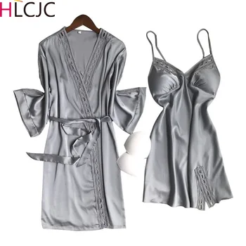 

Women's pajamas 2019 Women Sexy Ice Silk Robe & Gown Set Sleep Dress+Bathrobe Two Piece Hollow Robe Bridesmaid Wedding Sleepwear