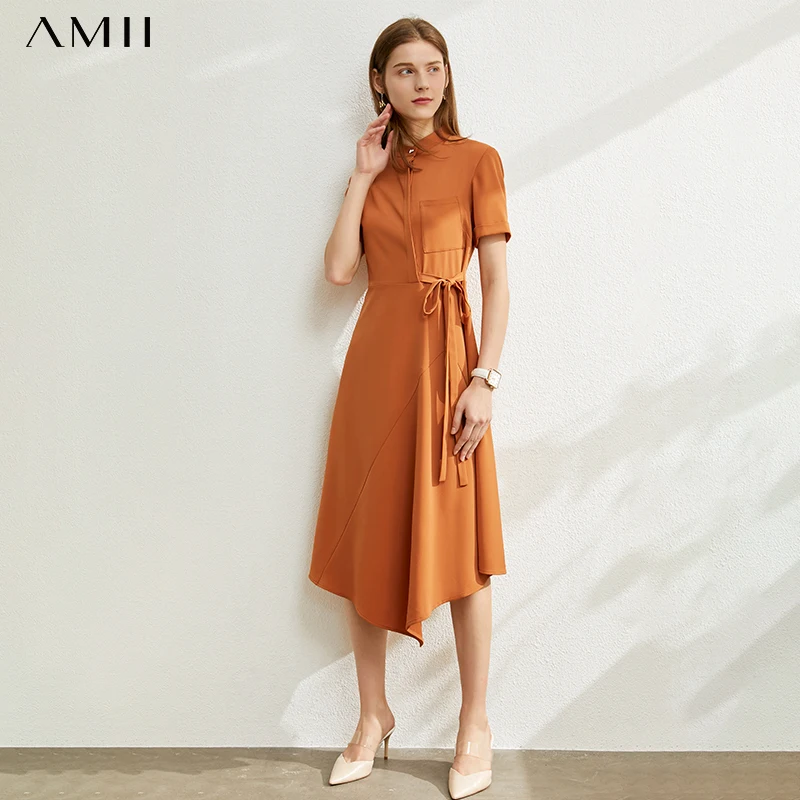 Женское платье с круглым вырезом AMII повседневное однотонное высокой талией и
