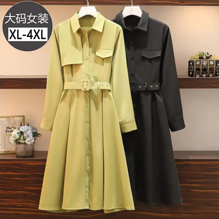 

Large Size Dress Fold-down Collar Irregular Mid-length Cardigan Coat Long Sleeve Early Autumn Fat Mm Dress Received Belt Elegant