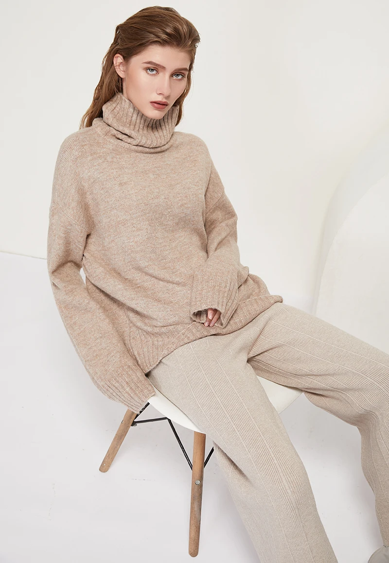 Knitted turtleneck batwing long sleeve loose sweater pullover