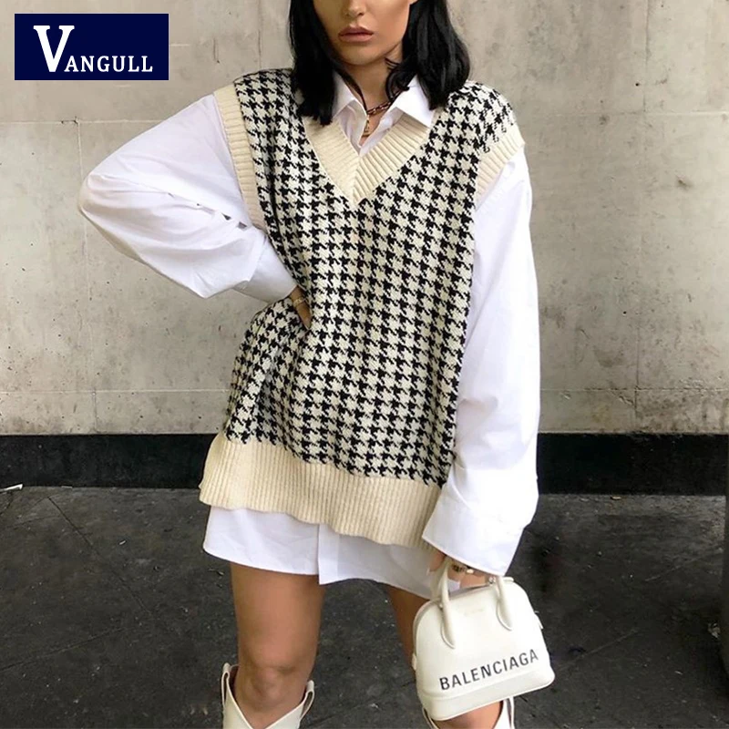 Vangull Fashion Oversized Houndstooth Knitted Vest Sweater Women Vintage Sleeveless Side Vents Female Waistcoat Loose Chic Tops