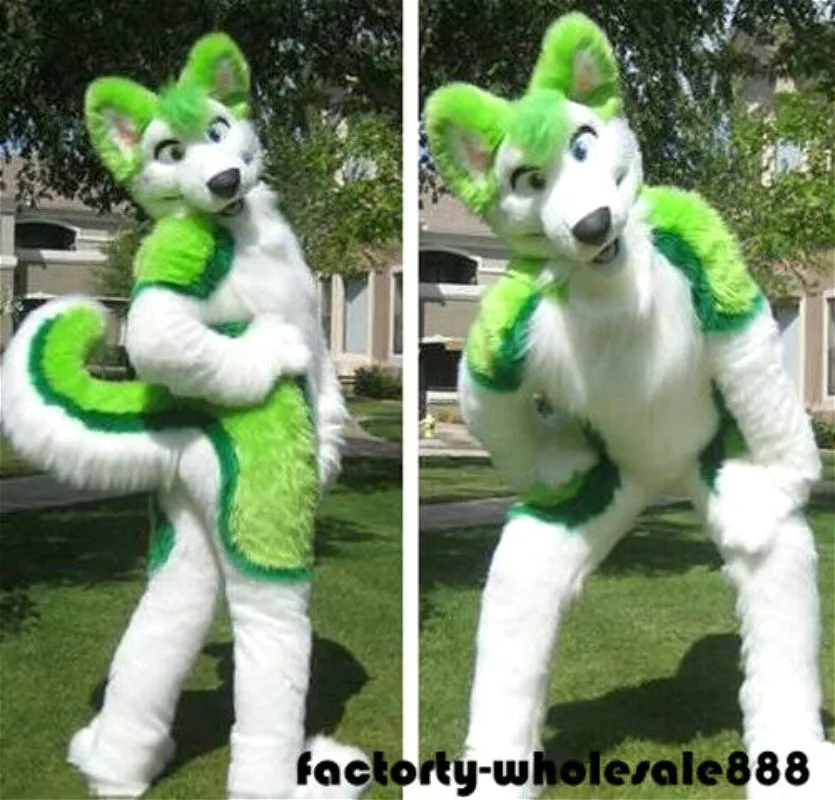 Зеленый собака хаски лиса Fursuit пушистый костюм талисмана костюмы с длинным мехом