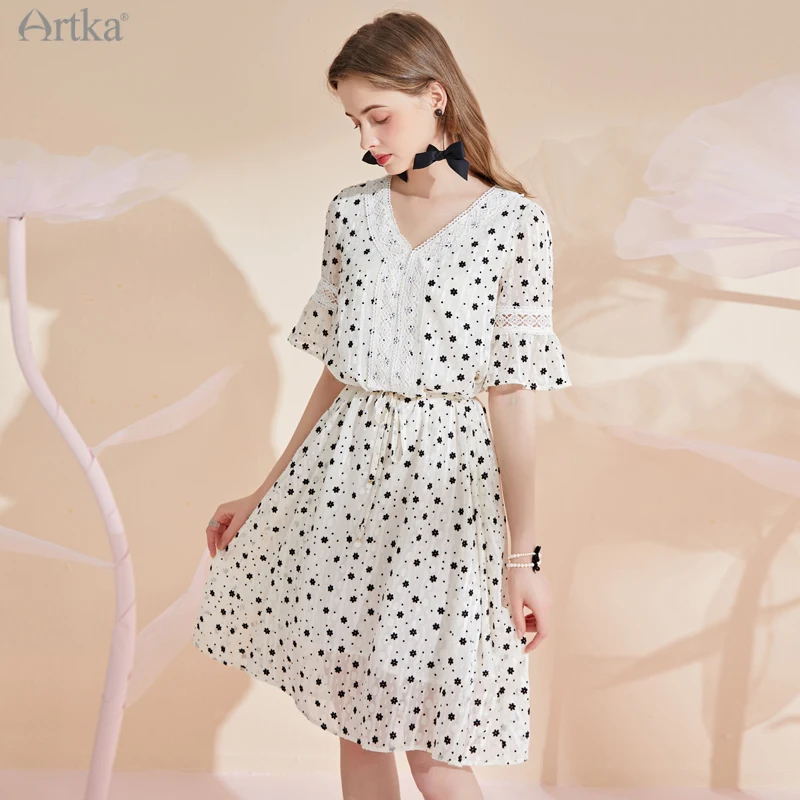 artka-2021-summer-new-women-dress-elegant-lace-v-neck-chiffon-dresses-ruffle-flare-sleeve-midi-floral-dress-with-belt-la25312x