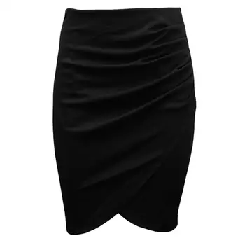 

Women Solid Color Pleated Cross Hem Slims Fit Bodycon Business Work Pencil Skirt