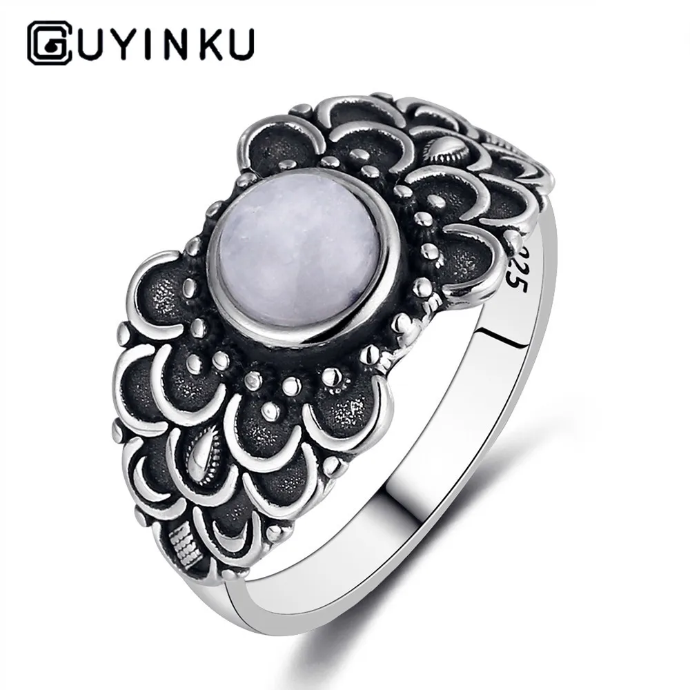 

925 Silver Ring Round 6MM Natural Moonstone Vintage Wreath Engagement Wedding Party Anniversary Gemstone Ring Jewelry