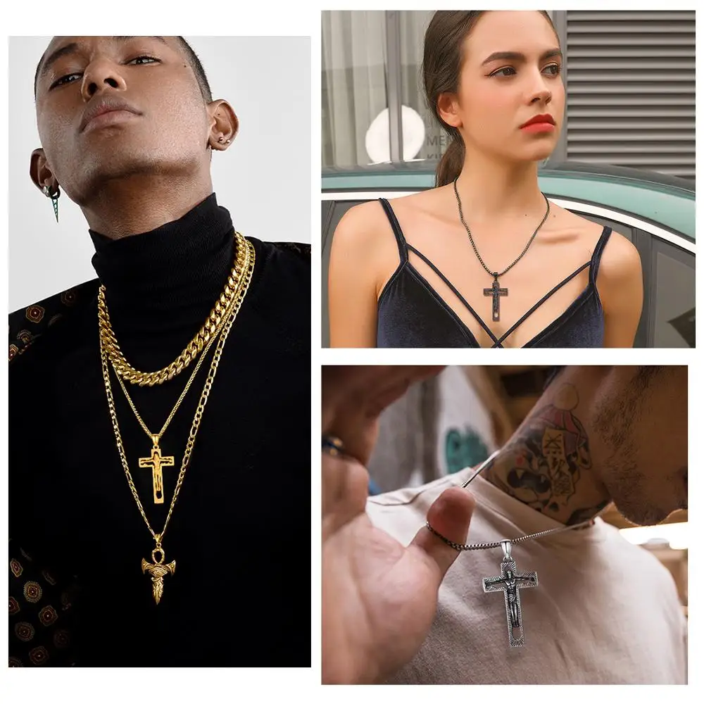 U7 Crucifix INRI Cross Pendant with 24" Chain Christian Jewelry Stainless Steel Hip Hop Gold Jesus Necklace for Men Women P1049