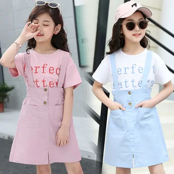 

Strap Dress for Kid Girls Summer Short Sleeve T-shirt Dress Children 2pcs Tee Shirt Dresses Clothes Set Casual Solid Cotton