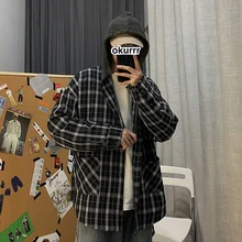 Plaid Shirt Men's Fashion Casual Retro Hooded Shirt Jacket Men Streetwear Wild Loose Long Sleeve Shirt Coat Mens Shirts M-2XL