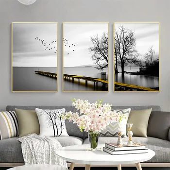 

Decorative Canvas Painting Modern Minimalist Black and White Wall Art Landscape Golden Wooden Bridge Wharf Decorative Painting