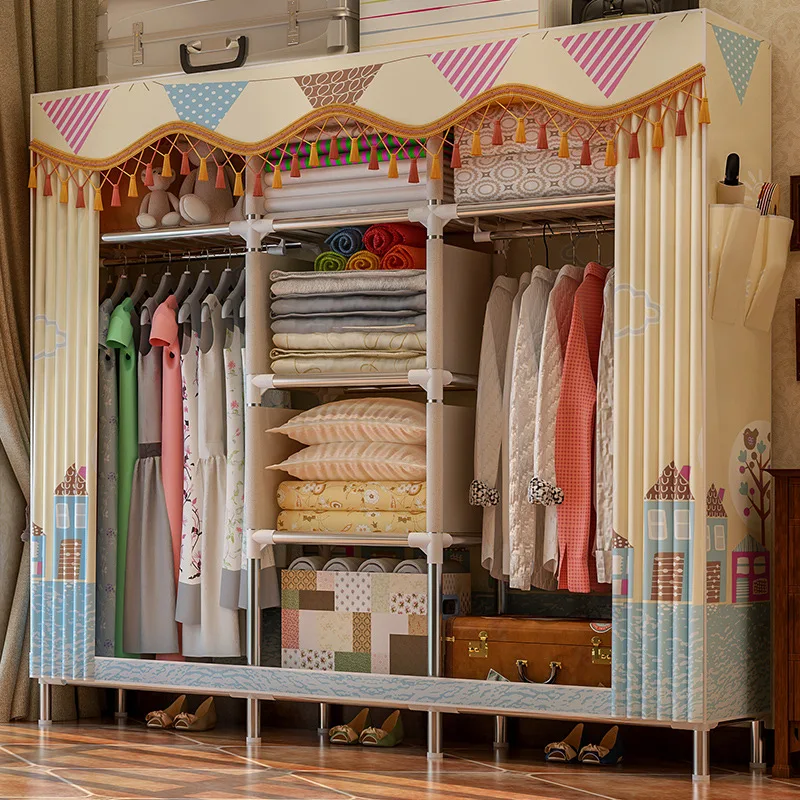 

Suo Ernuo Cloth Wardrobe 25MM Steel Tube Rough Reinforced Simple Wardrobe Assembly Double Large Size Wardrobe Economical