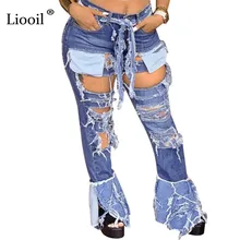 Liooil размера плюс, с дырками, высокая талия, расклешенные джинсы с карманами, уличная одежда, сексуальные женские брюки, расклешенные штаны, облегающие джинсы, брюки