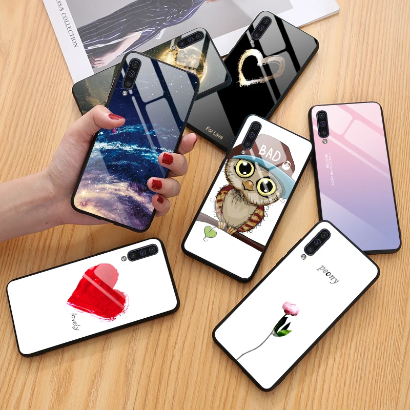 

For Samsung A50 2019 Cover Couple Love Heart Printed Tempered Glass Case For Samsung Galaxy A10 A20 A30 A50 A70 Note 10 Plus Pro