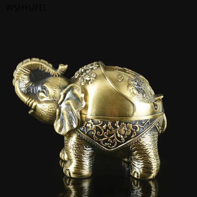 Retro nostalgic golden creative animal elephant with cover bedroom cute metal ashtray fashion personality home windproof smoke