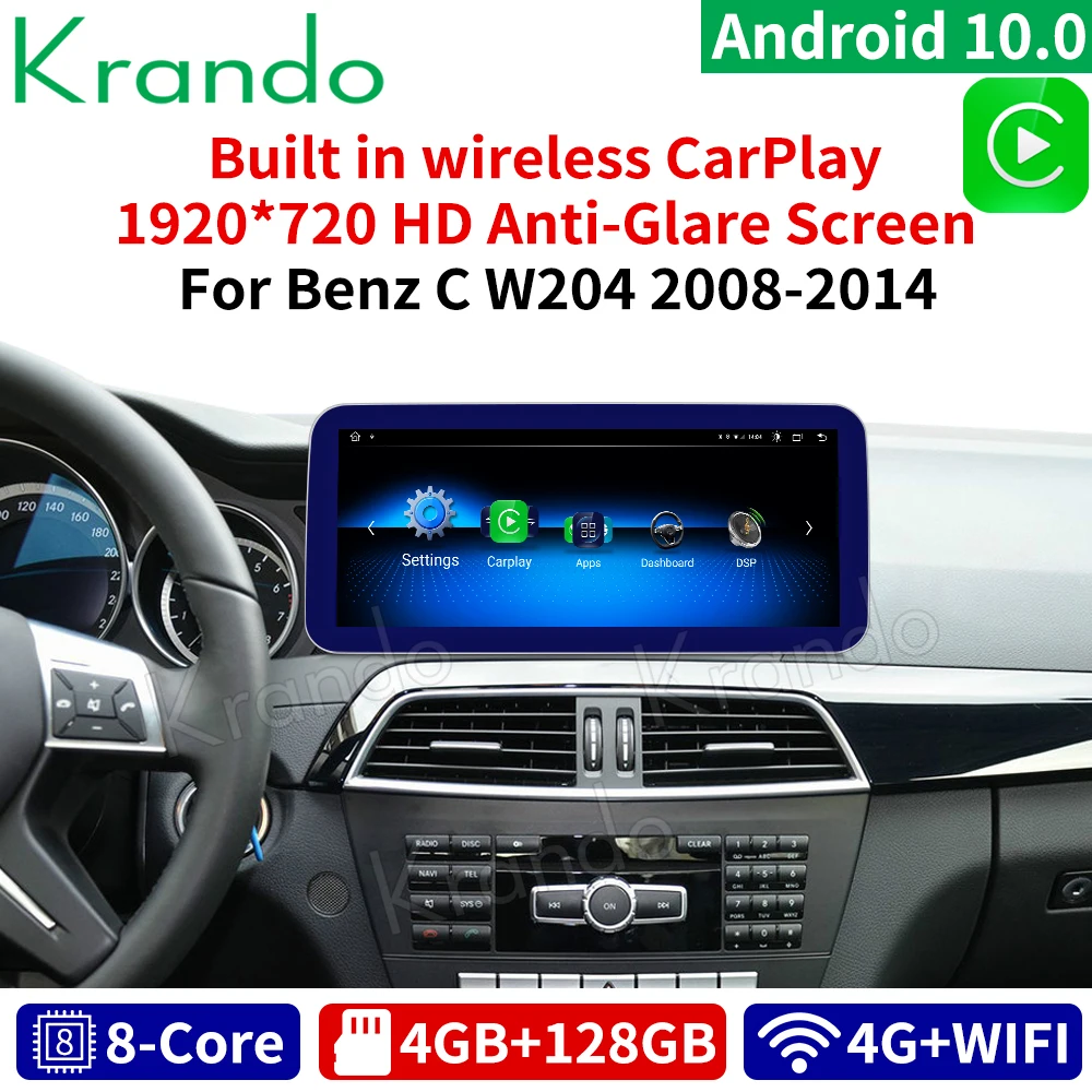 Krando Android 10.0 10.25'' 4G 128GB Car Radio Audio GPS For Mercedes BENZ C W204 C180 C200 C220 2008-2014 NTG 4.0 4.5 Carplay