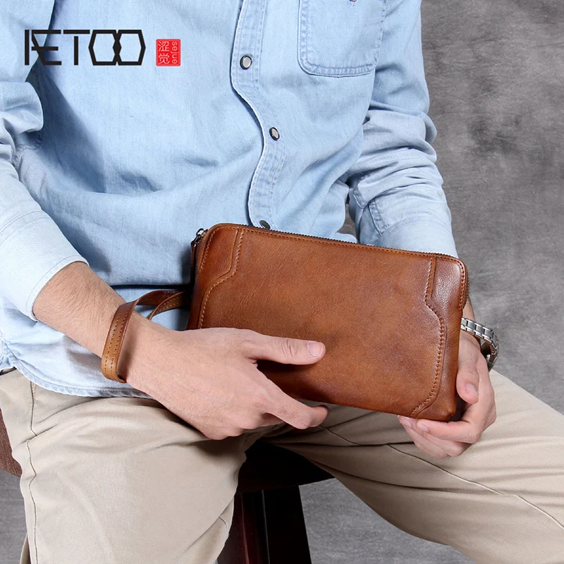 

BJYL Casual retro leather hand holding Baotou layer cowhide handbag handmade mobile phone bag