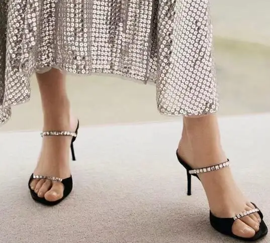 

Moraima Snc Summer High Heel Shoes Woman Peep Toe Thin Heels Gladiator Sandal Rhinestones Dress Heels Black Nude