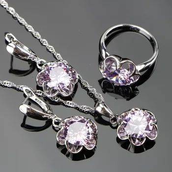 

2018 New Round Purple Zircon Silver 925 Costume Bridal Jewelry Sets Pendant Necklace Chain Rings Earrings Set Jewellery Gift Box