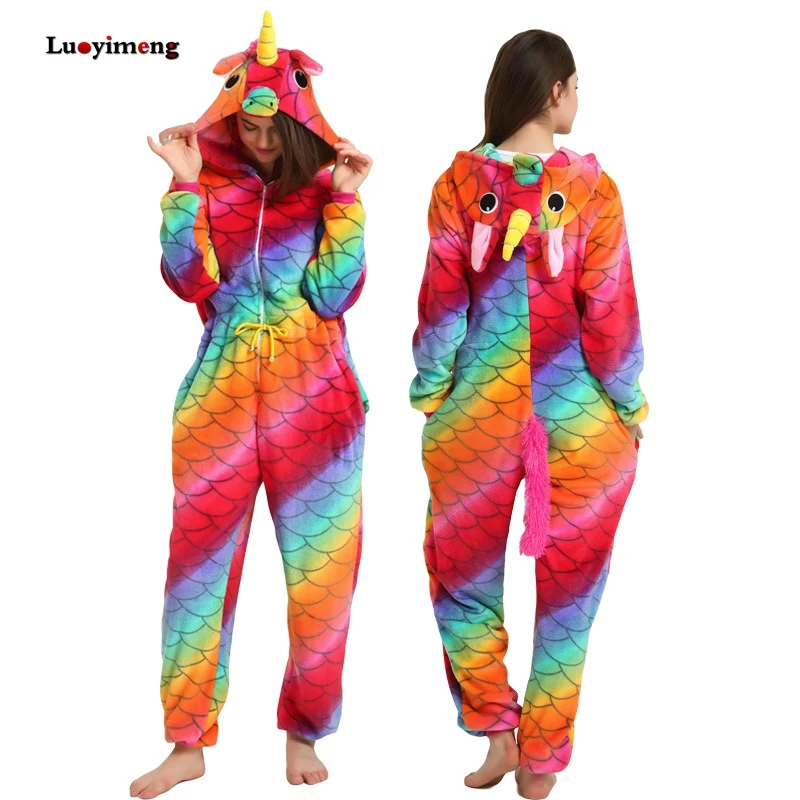 fish white Animal Kigurumi Unicorn Pajamas Set Winter Warm Pyjamas Women Adult Unisex Stitch Panda Pijimas Hooded Women Sleepwear Nightwear - Цвет: fish white