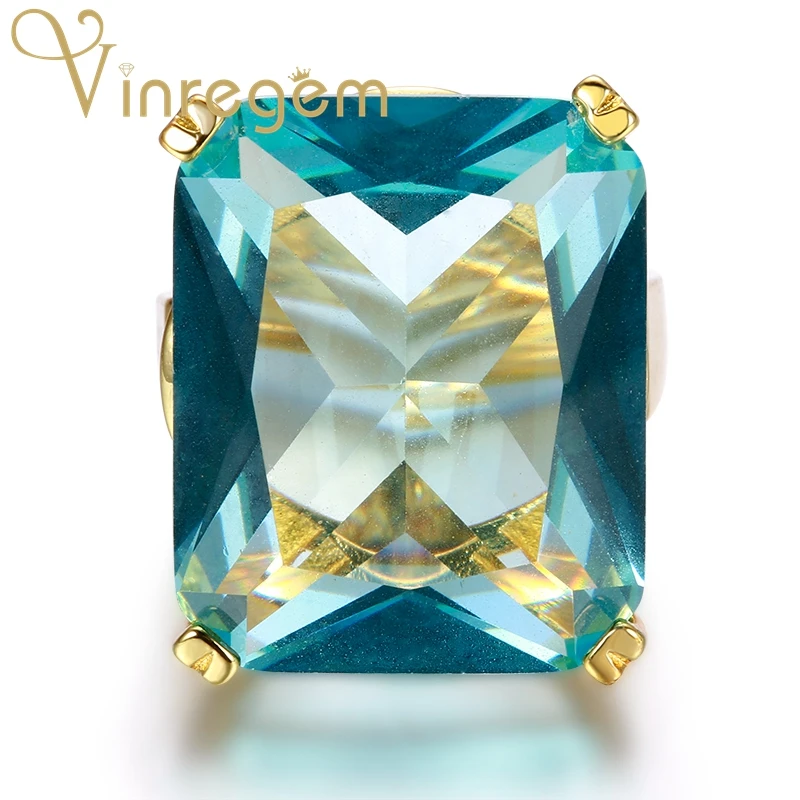 

Vinregem 925 Solid Sterling Silver Aquamarine Gemstone Birthstone 18K Yellow Gold Ring Wedding Band Fine Jewelry Drop Shipping