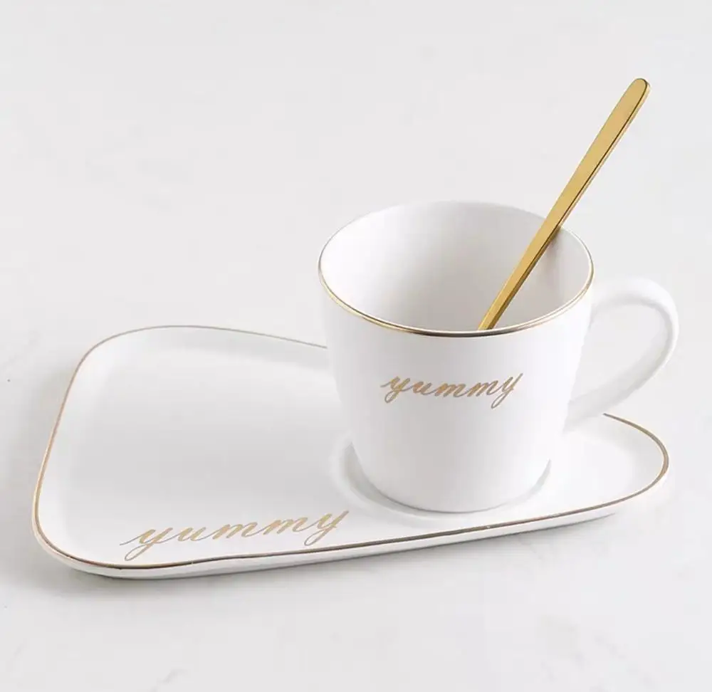 white set C Скандинавская керамическая кофейная чашка с ложкой и блюдцем, набор креативных европейских роскошных чашек для завтрака, закусок, послеобеденного чая, набор посуды с поддоном - Цвет: white set C