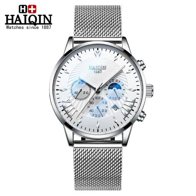 HAIQIN мужские часы кварцевые полностью стальные деловые наручные часы водонепроницаемые Модные наручные часы с календарем люксовый бренд наручные часы с ремешком-сеткой - Цвет: M-Silver White