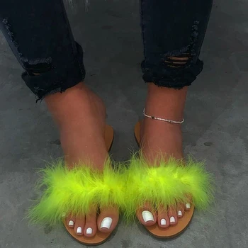 

2020 Summer Faux Fur Women Slippers Flip Flops Flat Non-slip 's Indoor Slides Girls Casual Shoes Home Outdoor Slippers