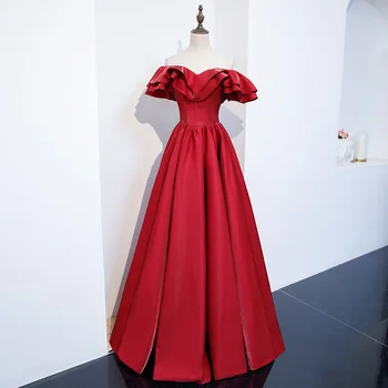 

2020 Vintage Wine Red Boat Neck Evening Dresses Fashion Satin Party Prom Gowns Robe De Soiree Noble Off The Shoulder Host Dress
