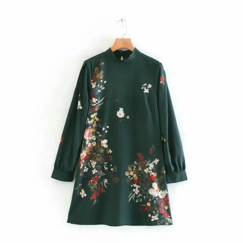 Women vintage stand collar solid color position flower print straight mini Dress ladies long sleeve chic vestidos Dresses DS3037