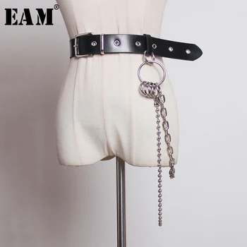 

[EAM] Pu Leather Square Buckle Metal Ring Chain Belt Personality Women New Fashion Tide All-match Spring Autumn 2020 JZ132