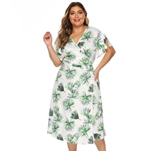 Платье большого размера в европейском и американском стиле с принтом листьев, обтягивающее Бандажное платье с v-образным вырезом и коротким рукавом, повседневное свободное женское платье