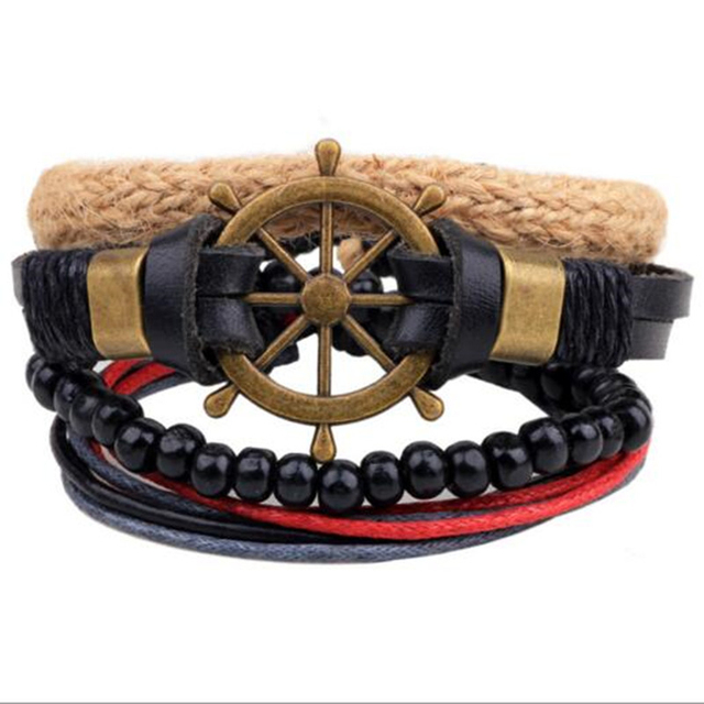 Stone Men Bracelet Multi-layer Handmade Weaved Punk Leather Rope Chain Stainless Steel Bangle Male Jewelry Gifts